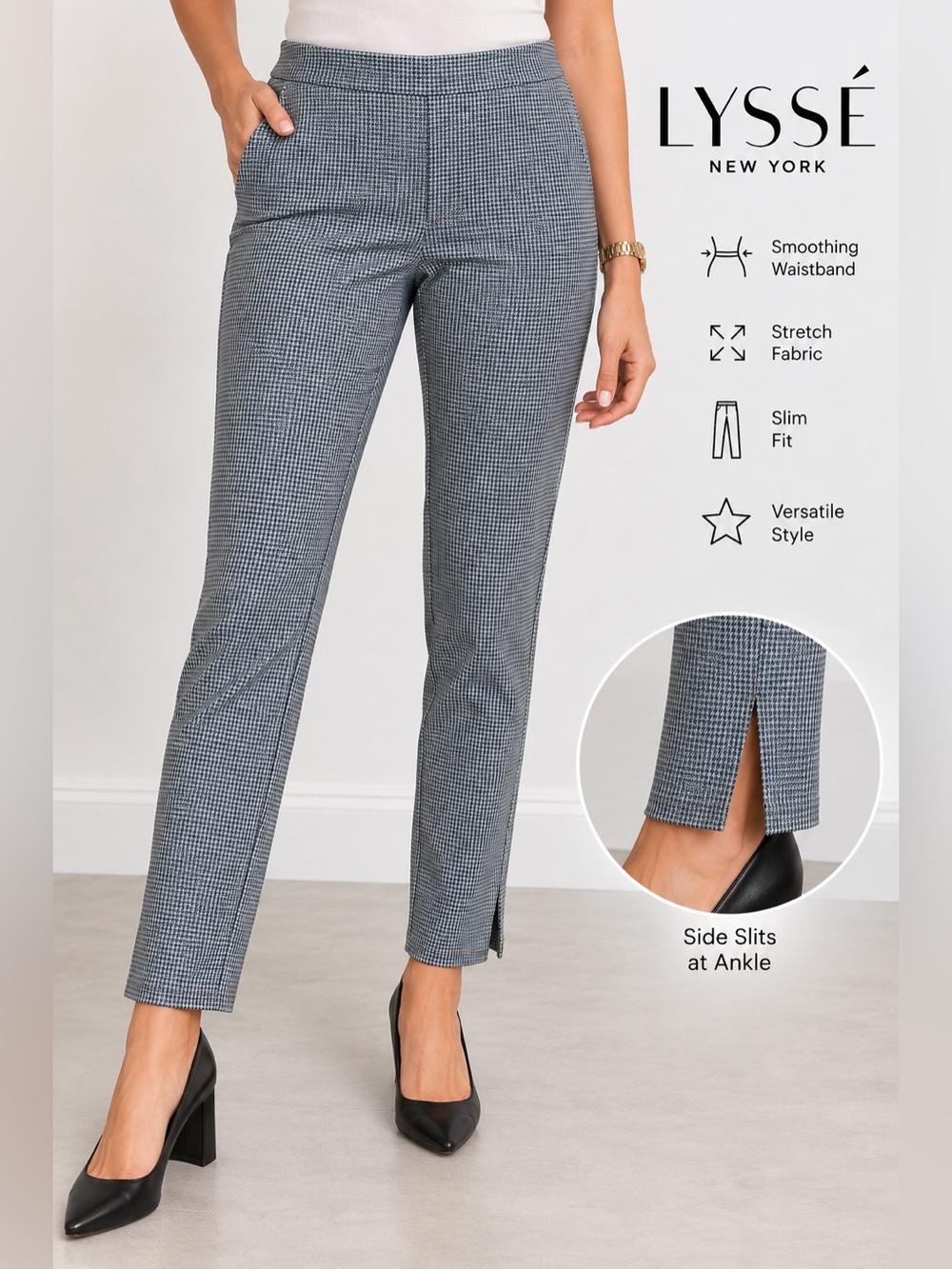 Lyssé New York Houndstooth Stretch Ankle Pants Blue Gray Size L NWT